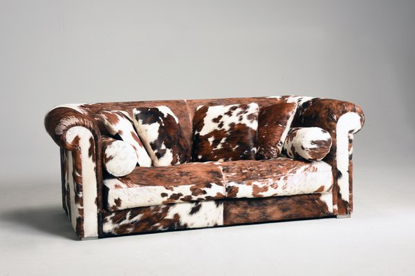 Baxter Brown and White Cow Fur Leather Sofa with Pillows, Italy, 1990s-XDW-1801542