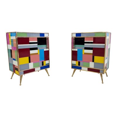 Bedside Cabinets in Wood and Multicolored Glass, 1980s, Set of 2-BEW-1789194