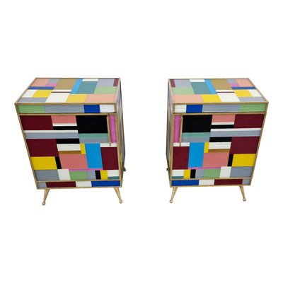 Bedside Cabinets in Wood and Multicolored Glass, 1980s, Set of 2-BEW-1789194