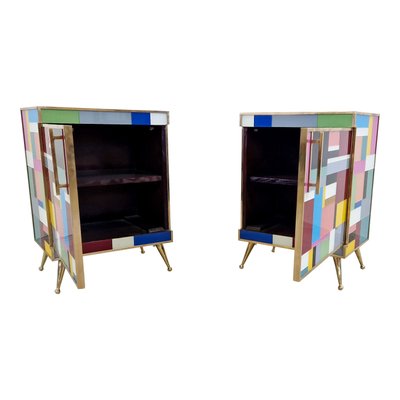 Bedside Cabinets in Wood and Multicolored Glass, 1980s, Set of 2-BEW-1789194