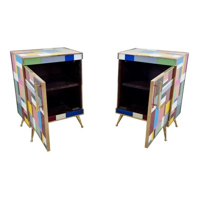 Bedside Cabinets in Wood and Multicolored Glass, 1980s, Set of 2-BEW-1789194