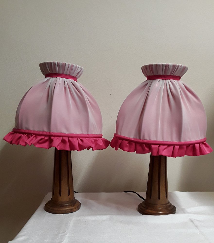 Bedside Lamps with Turned Walnut Bases and Pink Fabric Shades, 1900s, Set of 2