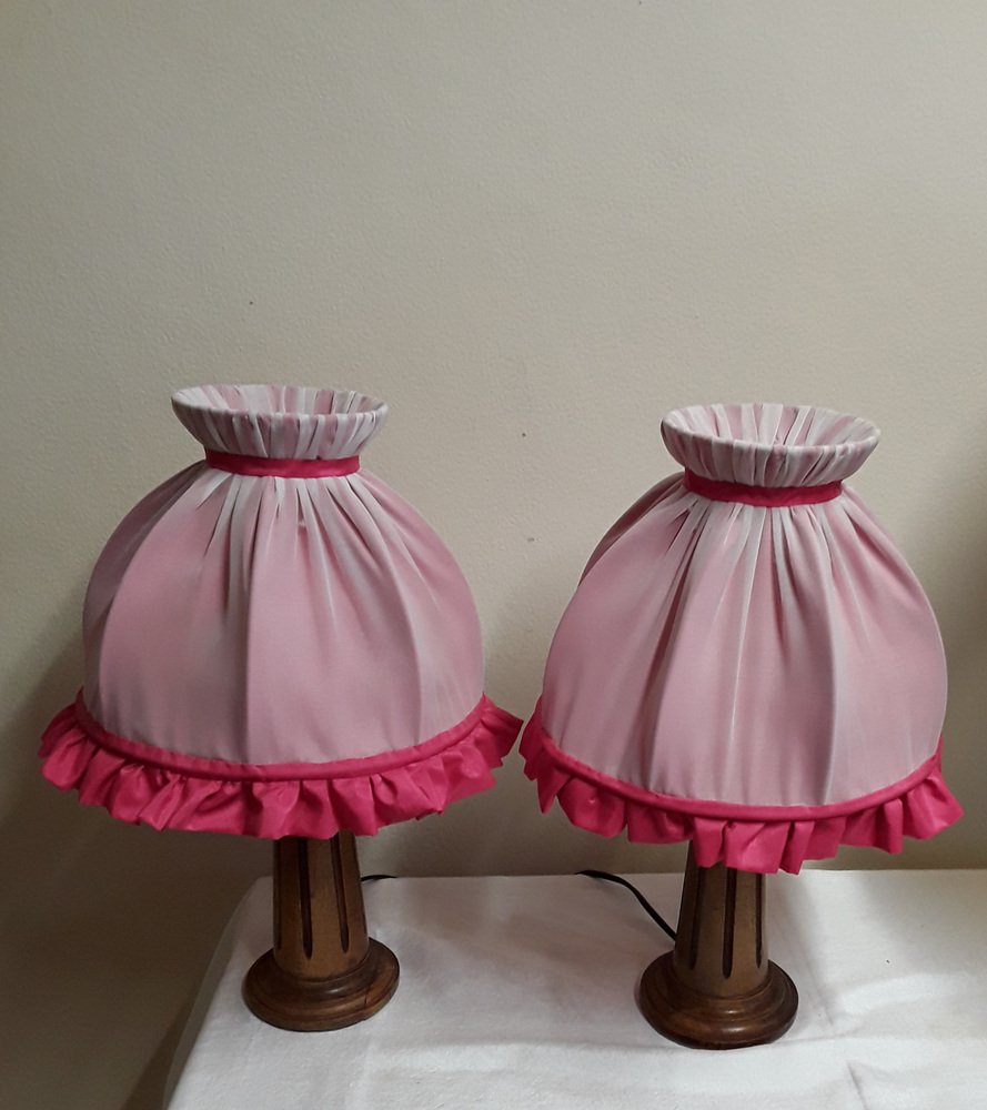 Bedside Lamps with Turned Walnut Bases and Pink Fabric Shades, 1900s, Set of 2