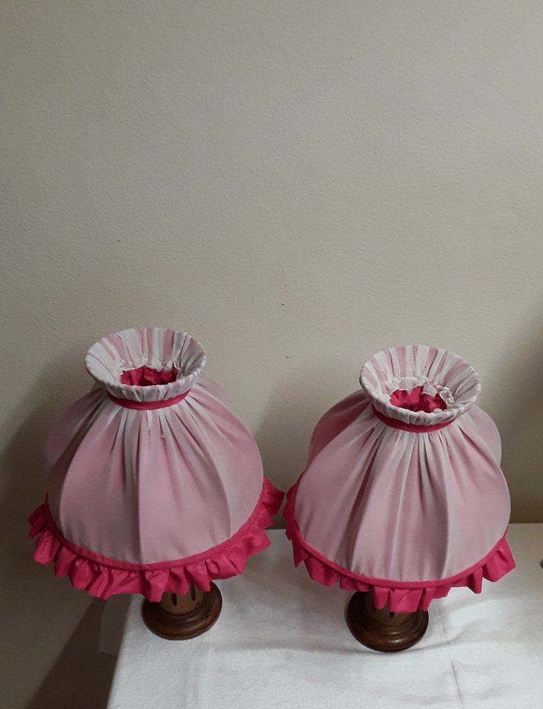 Bedside Lamps with Turned Walnut Bases and Pink Fabric Shades, 1900s, Set of 2