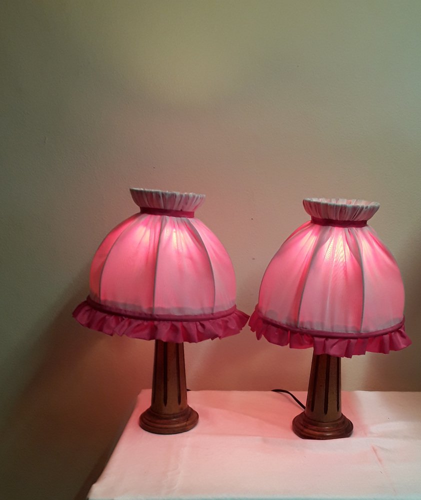 Bedside Lamps with Turned Walnut Bases and Pink Fabric Shades, 1900s, Set of 2