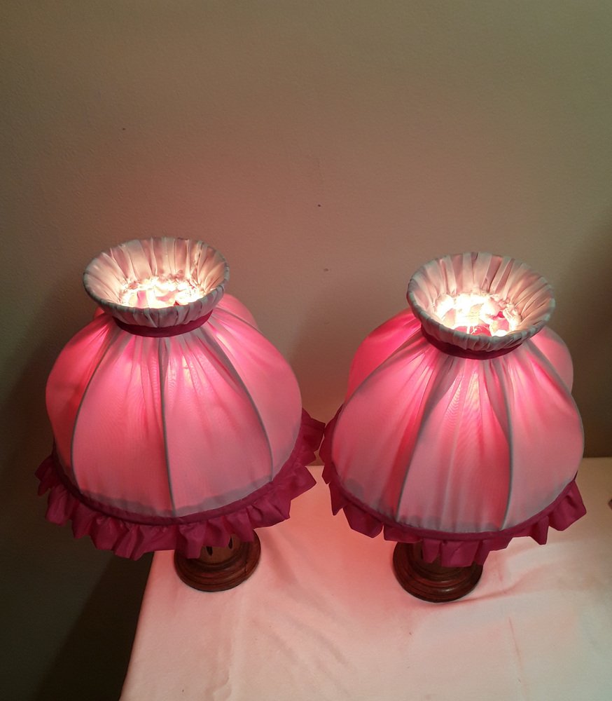 Bedside Lamps with Turned Walnut Bases and Pink Fabric Shades, 1900s, Set of 2