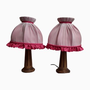 Bedside Lamps with Turned Walnut Bases and Pink Fabric Shades, 1900s, Set of 2-HOI-1736814