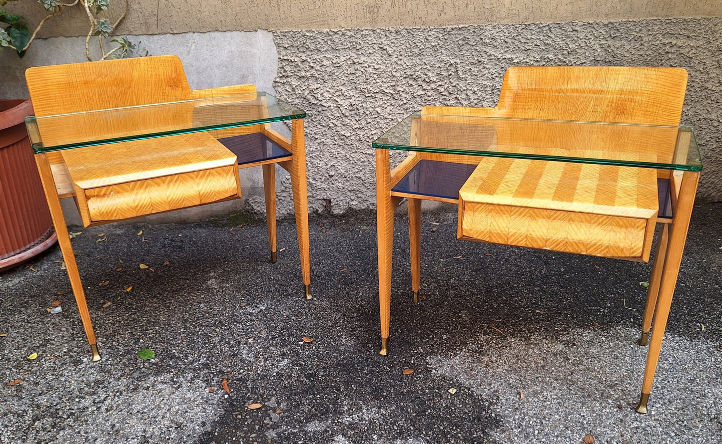 Bedside Tables in Maple Glass Tops by Nile Vittorio Dassi Per Dassi for La Permanente Mobili Cantù, 1950s, Set of 2