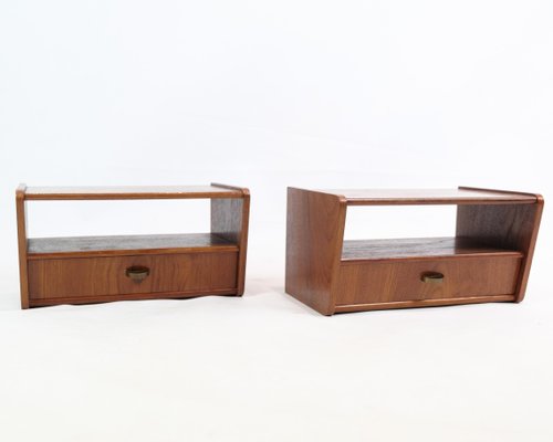 Bedside Tables with Shelf and Drawers in Brass and Teakwood, 1960s, Set of 2-UY-1813948