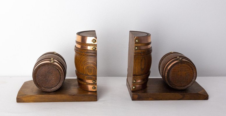 Beech and Copper Barrel Bookends, France, 1940s, Set of 2-RIU-1425749