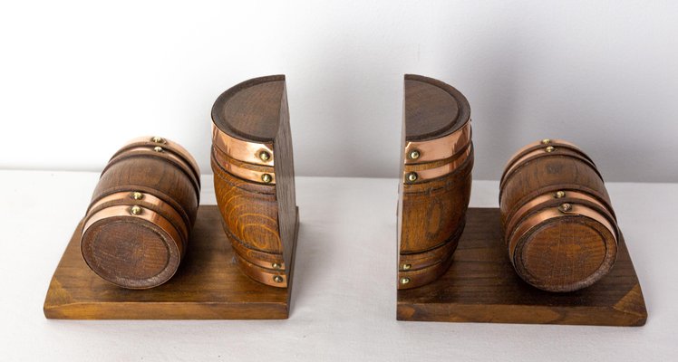 Beech and Copper Barrel Bookends, France, 1940s, Set of 2-RIU-1425749