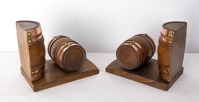 Beech and Copper Barrel Bookends, France, 1940s, Set of 2-RIU-1425749