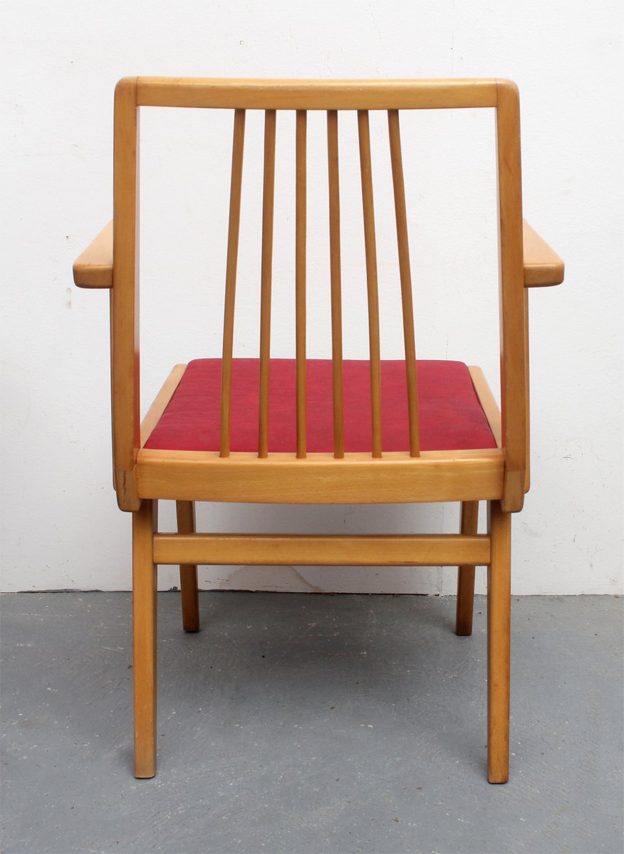 Beech and Red Leatherette Armchair, 1950s