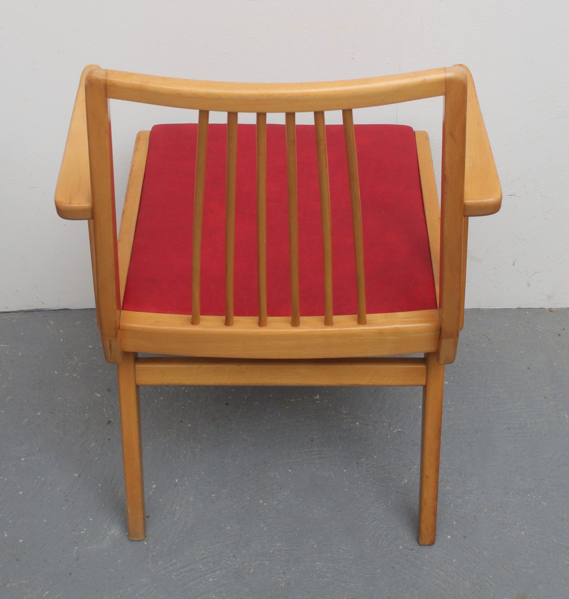 Beech and Red Leatherette Armchair, 1950s