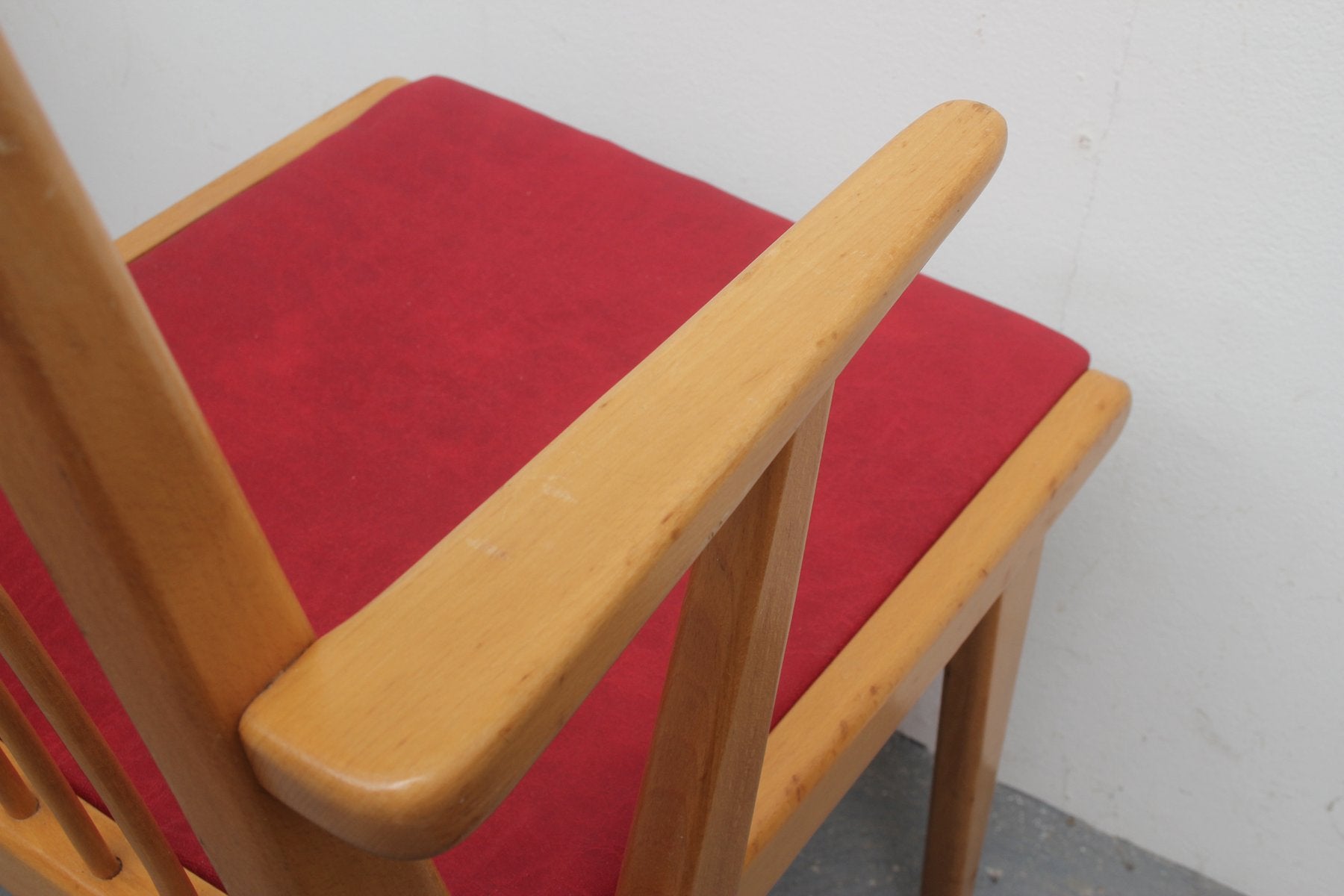 Beech and Red Leatherette Armchair, 1950s