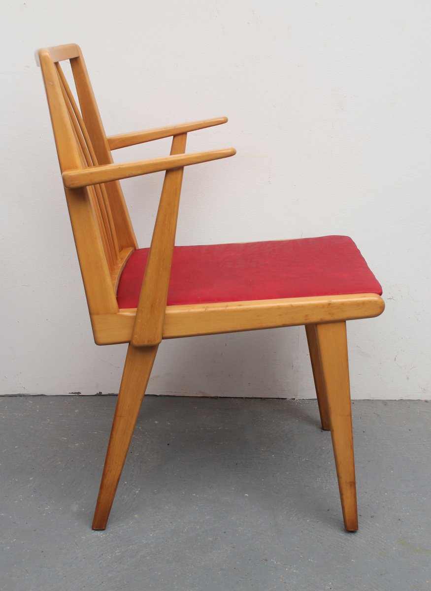 Beech and Red Leatherette Armchair, 1950s