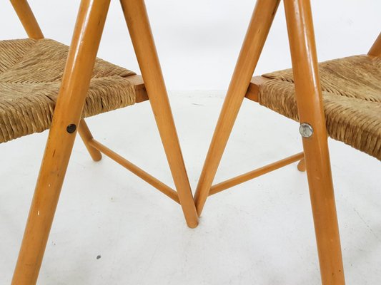 Beech and Rush Folding Chairs, 1960s, Set of 2-ZO-580181