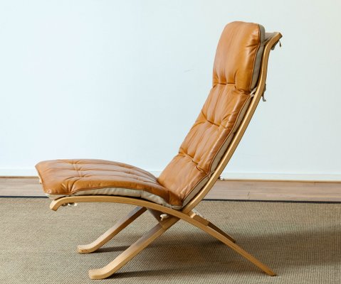 Beech Bentwood with Cognac Leather Folding Lounge Chair by Nelo for Nelo Möbel, Sweden, 1970s-JE-1345188