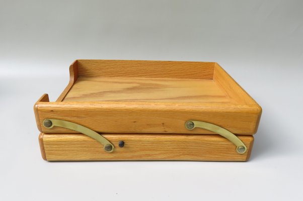 Beech & Brass Document Tray & Storage Box, 1960s-EY-992970