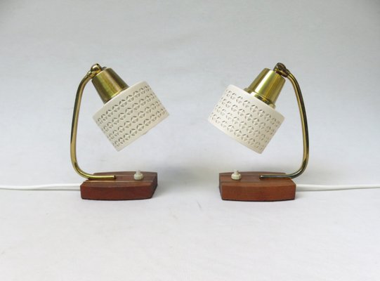 Beige Brass Teak Bedside Table Lights, 1950s, Set of 2-EY-1156466