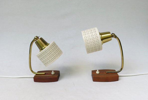 Beige Brass Teak Bedside Table Lights, 1950s, Set of 2-EY-1156466