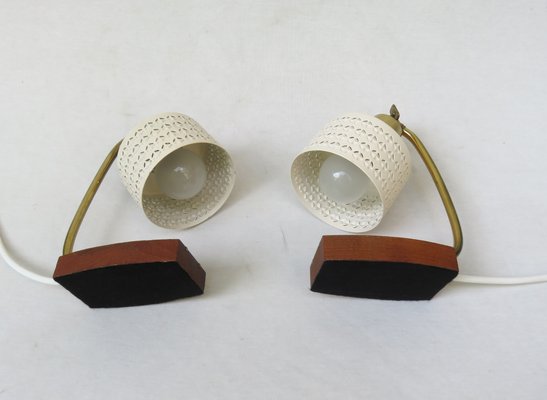 Beige Brass Teak Bedside Table Lights, 1950s, Set of 2-EY-1156466