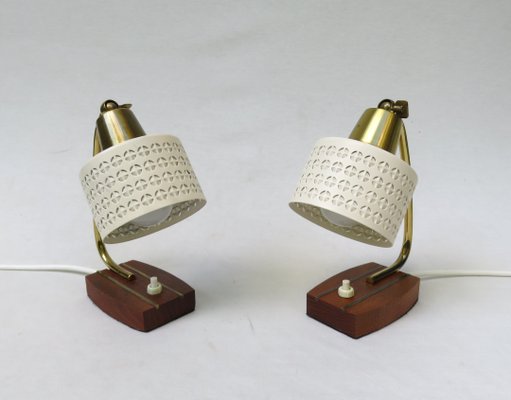 Beige Brass Teak Bedside Table Lights, 1950s, Set of 2-EY-1156466