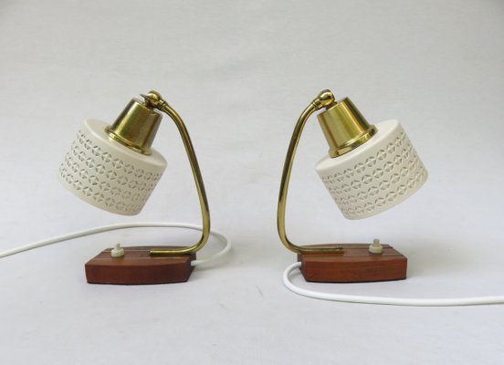 Beige Brass Teak Bedside Table Lights, 1950s, Set of 2-EY-1156466