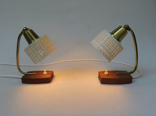 Beige Brass Teak Bedside Table Lights, 1950s, Set of 2-EY-1156466