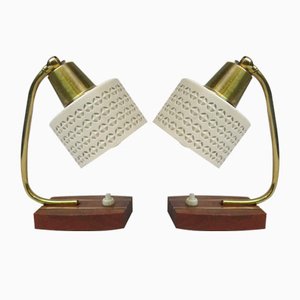 Beige Brass Teak Bedside Table Lights, 1950s, Set of 2-EY-1156466