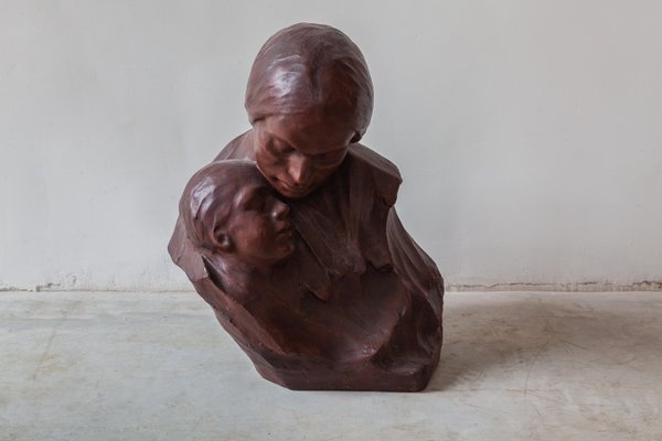 Belgian Art Deco Ceramic Bust of Mother and Child by Georges Wasterlain-KL-849239