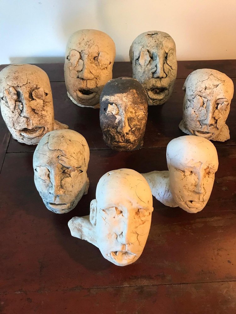 Belgian Artist, Brutalist Hand Crafted Heads, 1960s, Clay, Set of 8