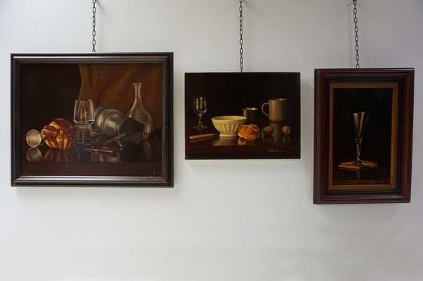 Belgian Artist, Still Lifes, 1984, Oil on Canvas Paintings, Framed, Set of 3-EA-1408891