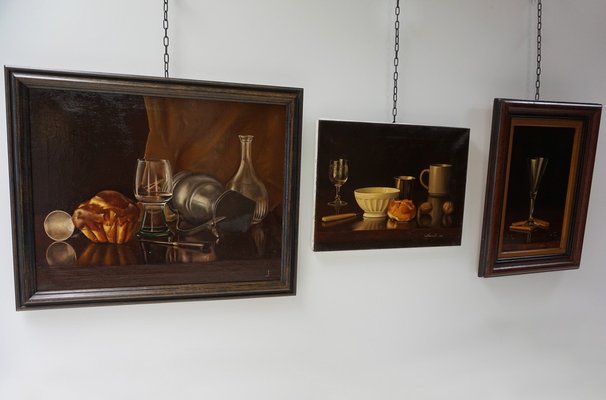 Belgian Artist, Still Lifes, 1984, Oil on Canvas Paintings, Framed, Set of 3-EA-1408891