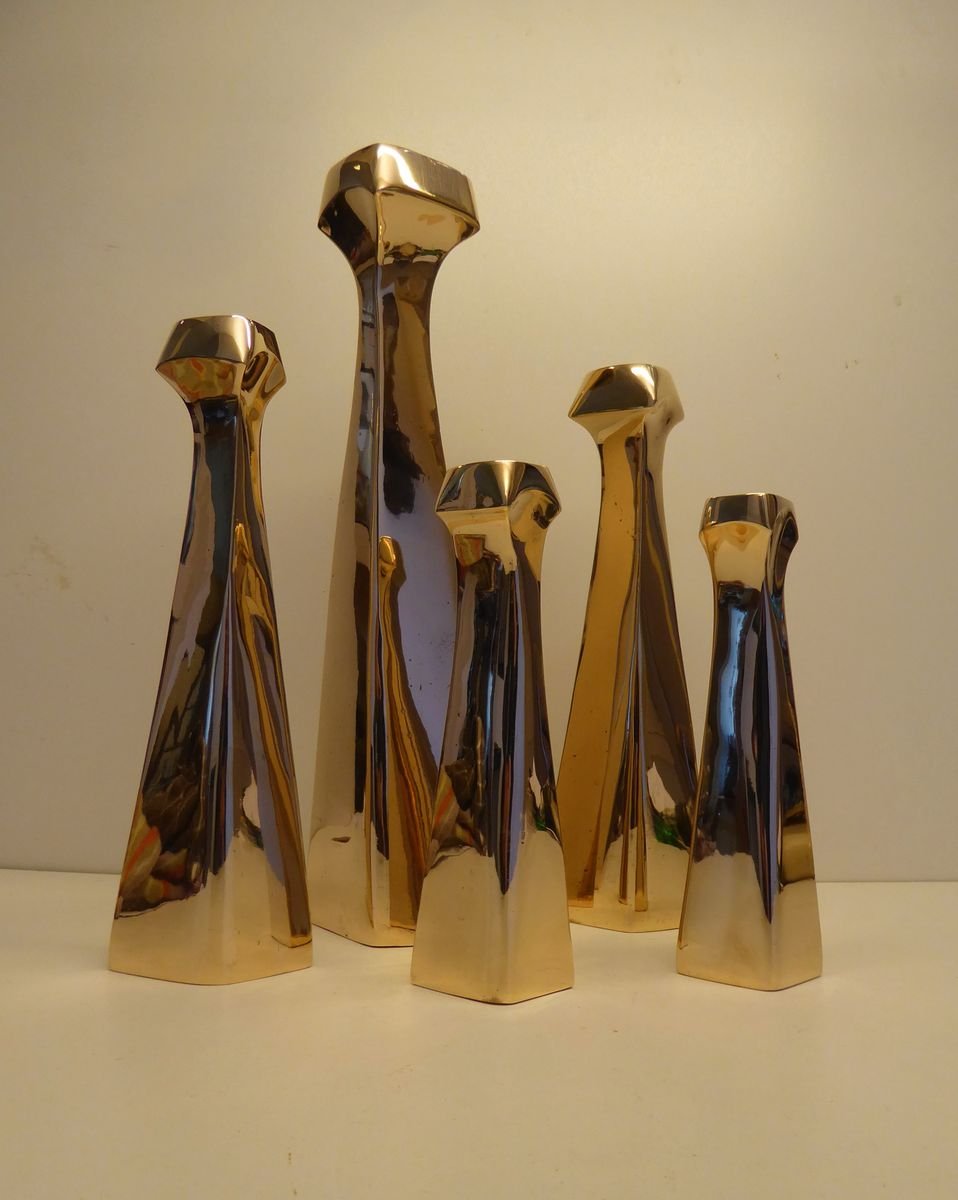 Belgian Brutalist Polished Bronze Candleholders, 1970s, Set of 5