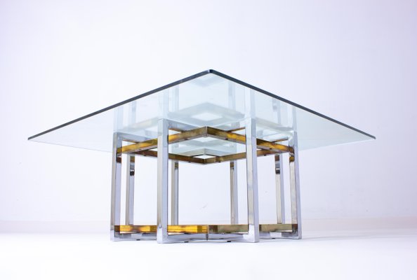 Belgian Geometrical Coffee Table in Brass and Chrome from Belgo Chrom, 1970s-LIO-1340542