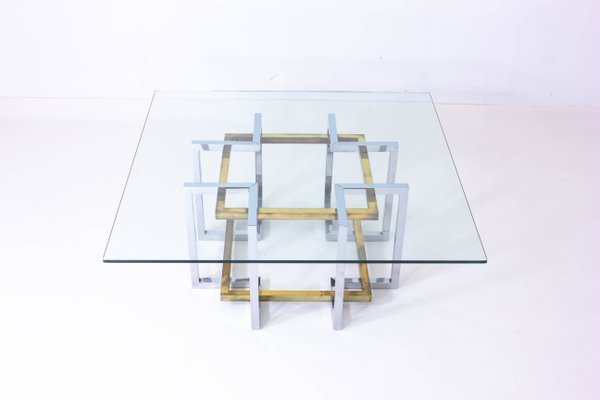 Belgian Geometrical Coffee Table in Brass and Chrome from Belgo Chrom, 1970s-LIO-1340542