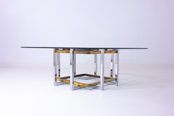 Belgian Geometrical Coffee Table in Brass and Chrome from Belgo Chrom, 1970s-LIO-1340542