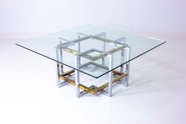 Belgian Geometrical Coffee Table in Brass and Chrome from Belgo Chrom, 1970s-LIO-1340542