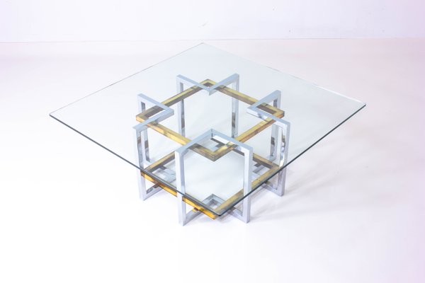 Belgian Geometrical Coffee Table in Brass and Chrome from Belgo Chrom, 1970s-LIO-1340542