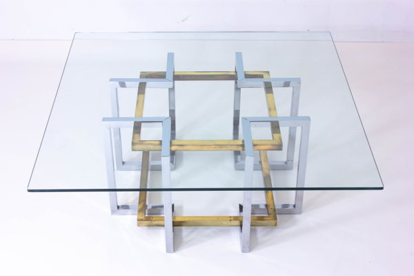 Belgian Geometrical Coffee Table in Brass and Chrome from Belgo Chrom, 1970s-LIO-1340542