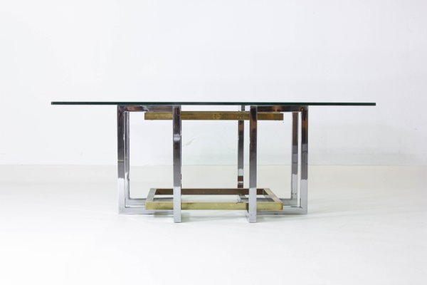 Belgian Geometrical Coffee Table in Brass and Chrome from Belgo Chrom, 1970s-LIO-1340542