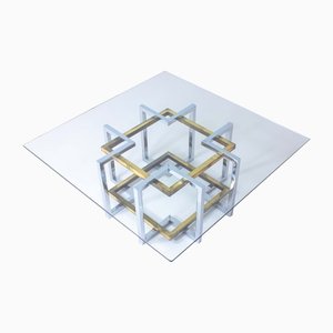 Belgian Geometrical Coffee Table in Brass and Chrome from Belgo Chrom, 1970s-LIO-1340542