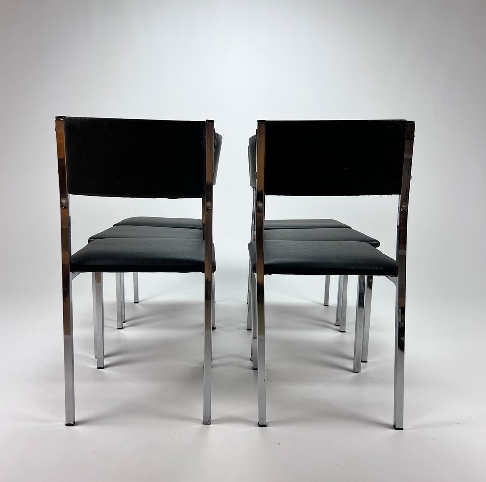 Belgium Dining Chairs in Chrome and Skai, 1960s, Set of 6