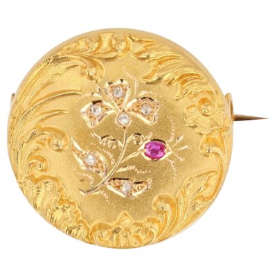 Belle Epoque French Ruby Diamond Floral Pattern 18 Karat Yellow Gold Brooch-OLU-1109107