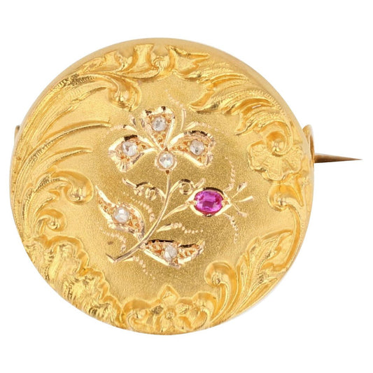 Belle Epoque French Ruby Diamond Floral Pattern 18 Karat Yellow Gold Brooch