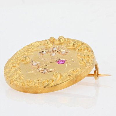 Belle Epoque French Ruby Diamond Floral Pattern 18 Karat Yellow Gold Brooch-OLU-1109107