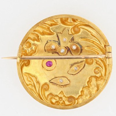 Belle Epoque French Ruby Diamond Floral Pattern 18 Karat Yellow Gold Brooch-OLU-1109107