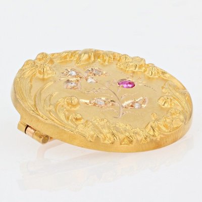 Belle Epoque French Ruby Diamond Floral Pattern 18 Karat Yellow Gold Brooch-OLU-1109107