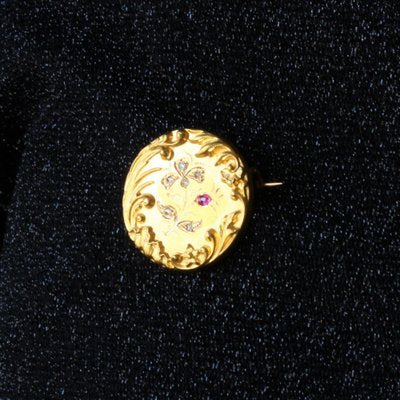 Belle Epoque French Ruby Diamond Floral Pattern 18 Karat Yellow Gold Brooch-OLU-1109107